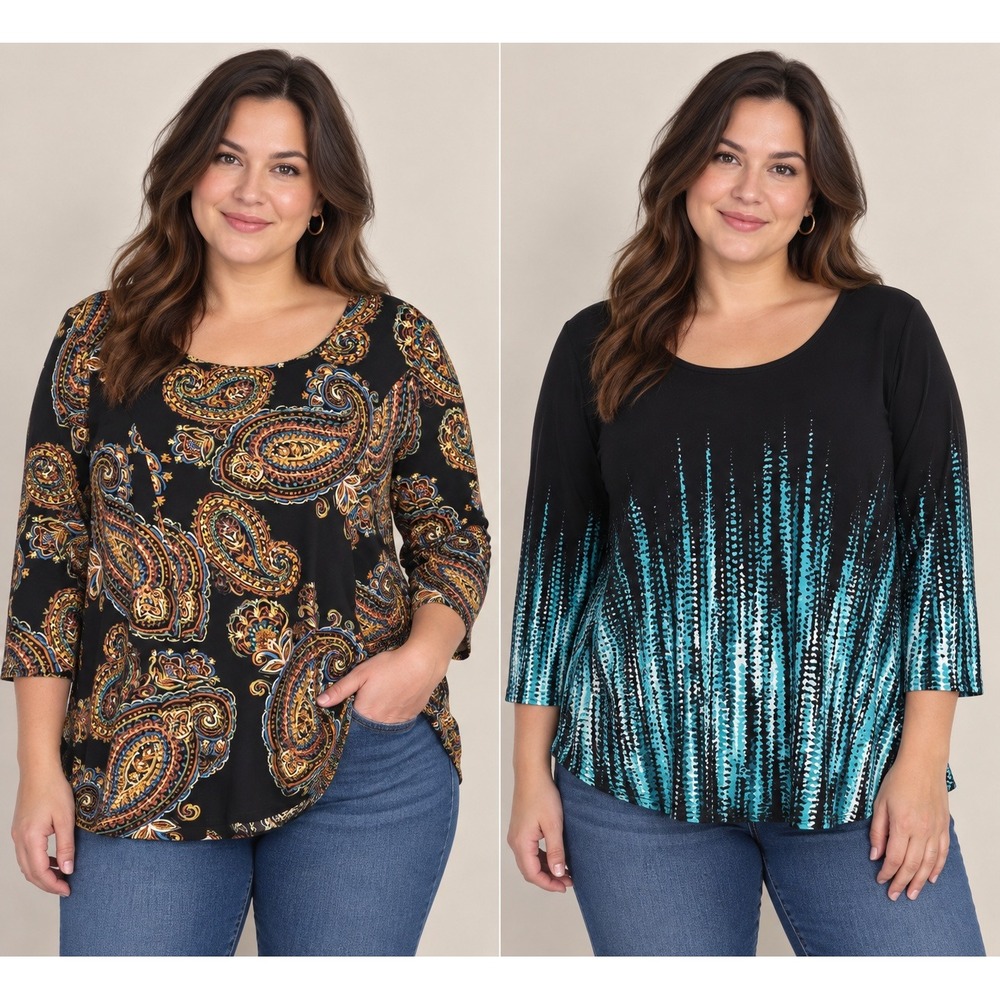 Susan Graver 2 Tunic Tops Women 2X Multi Color Paisley Geometric Liquid Knit